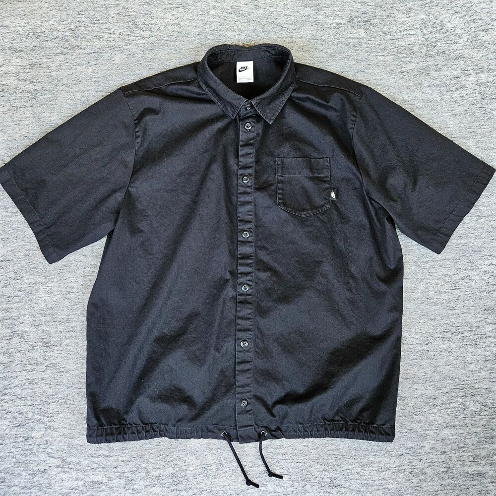 Nike Club Button Down Shirt Men's Large DX0898-010 Black $75 Camp Drawstring